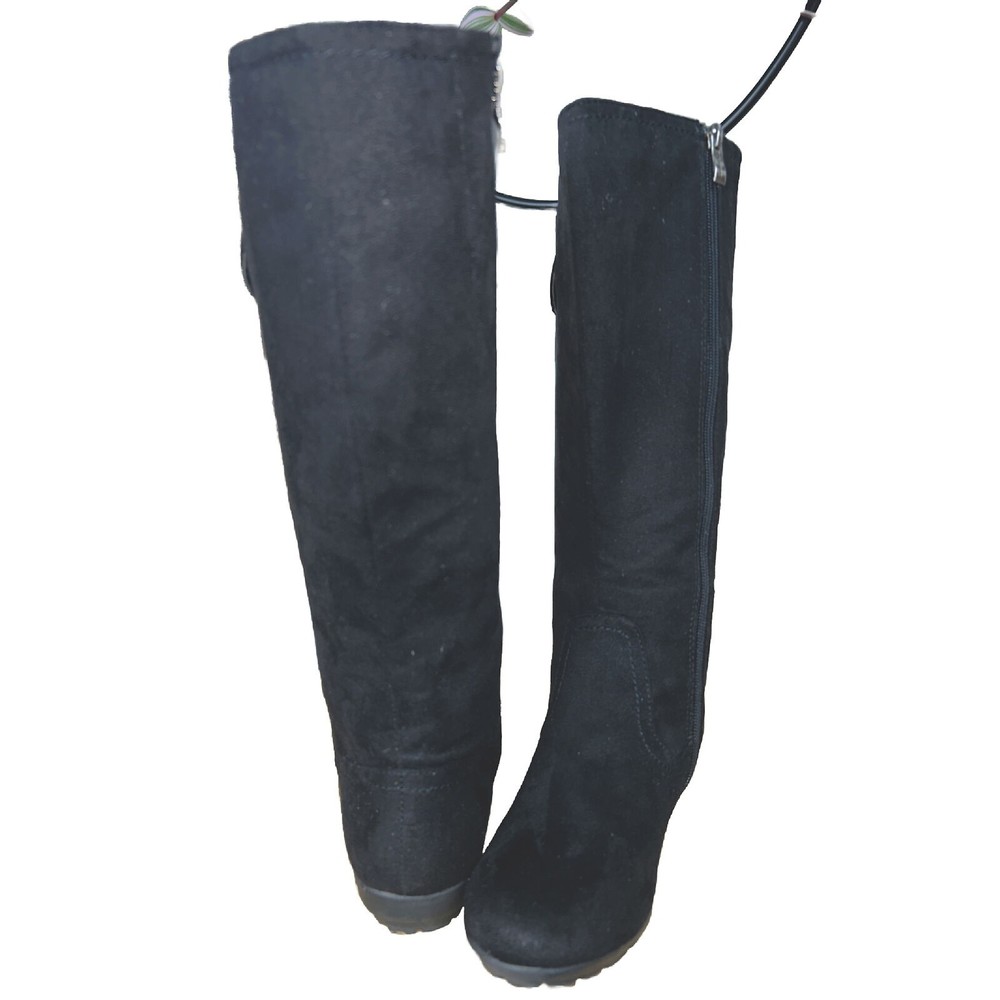 Wanted Women Black-Noir Textile Suede Mini Wedge Tall Casual Boots Sz 5.5M NEW